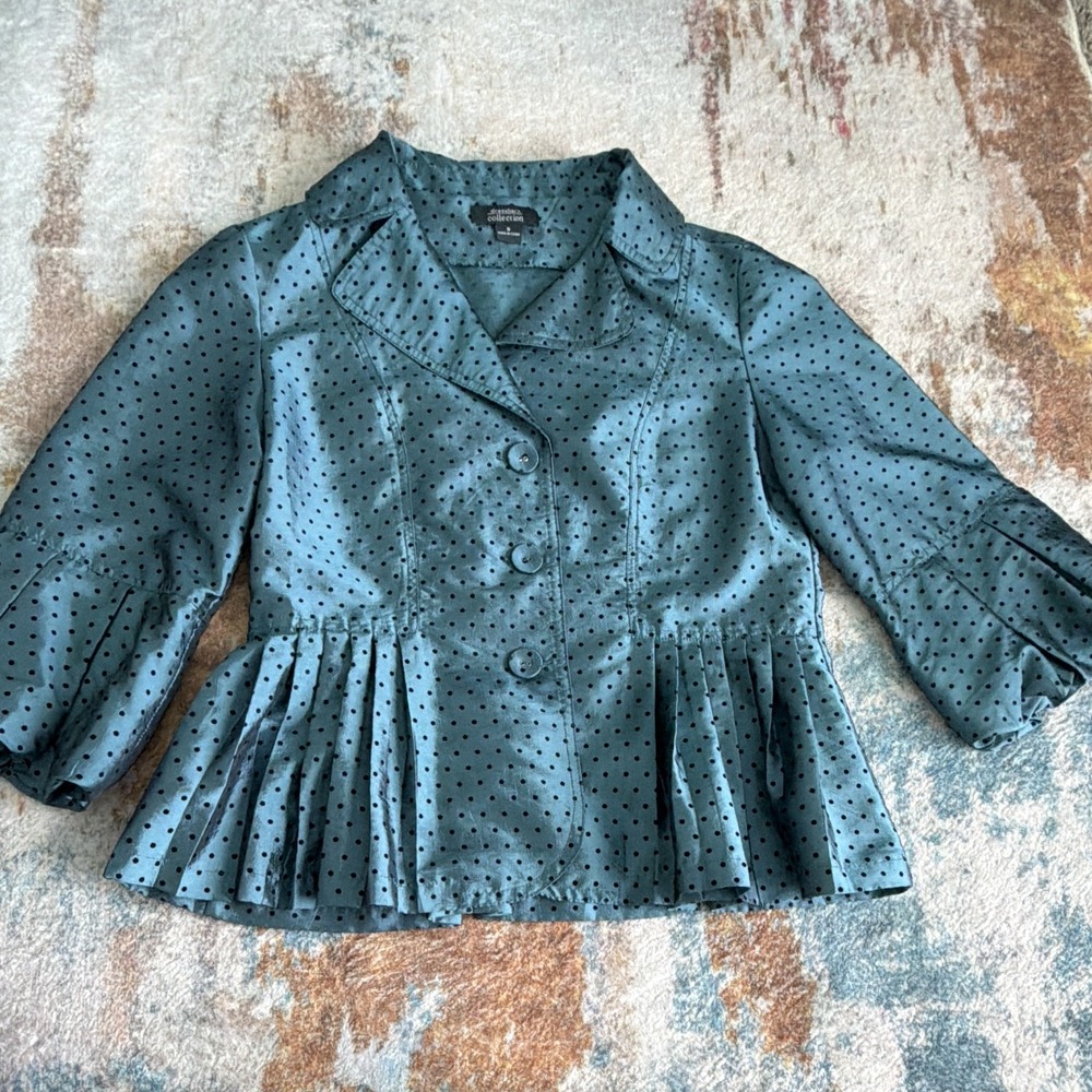 Dressbarn Collection Women's Blue Black Polka Dot Button Blouse 100% Polyester S